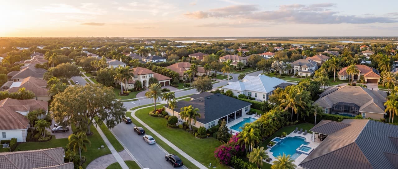 Aerial view of a Florida residential neighborhood at sunset with tile-roof homes, palm trees, and backyard pools